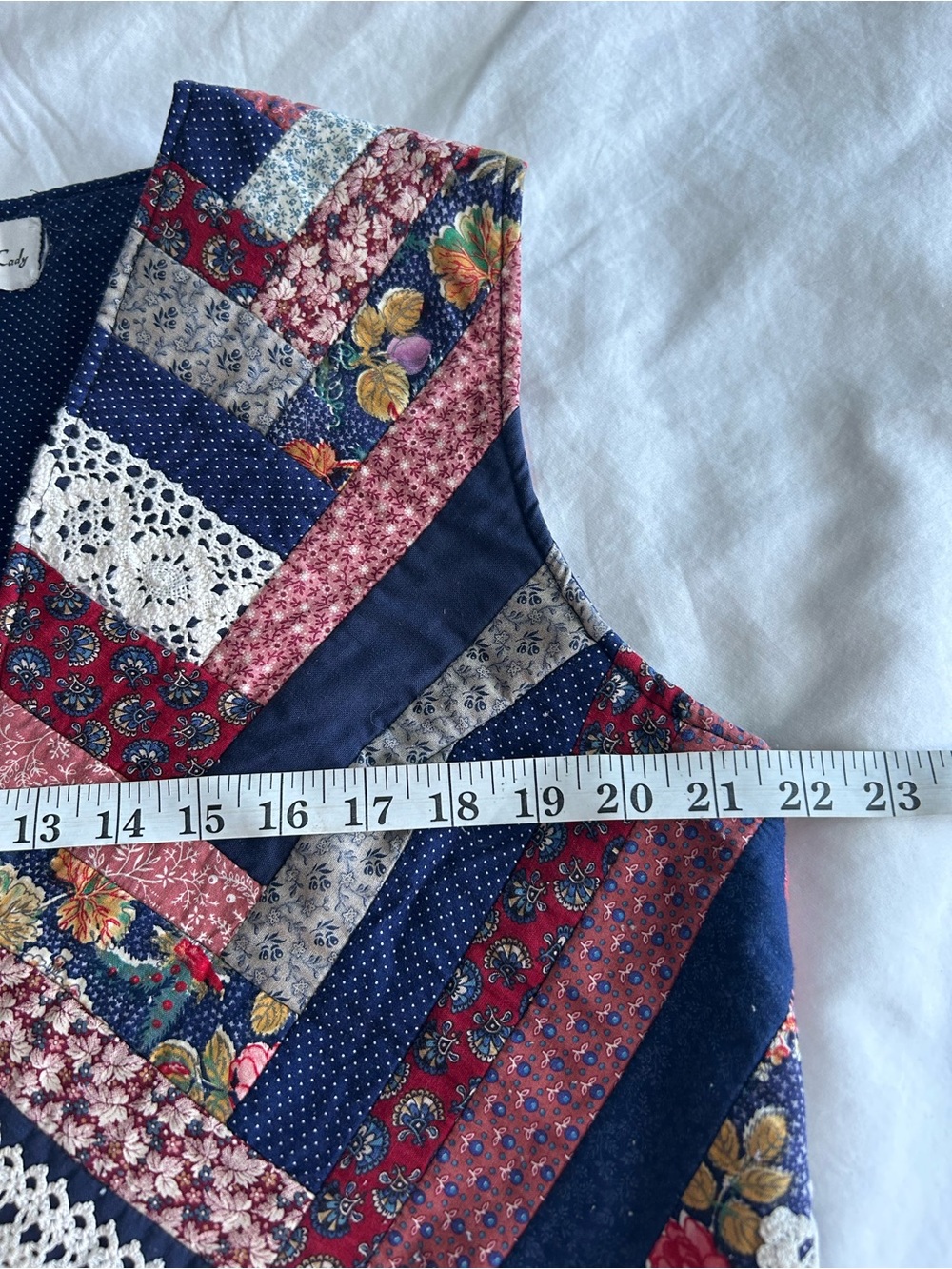 Patchwork Vintage Handmade Quilted Vest in Navy, Red, Cream Floral - Picture 8 of 9